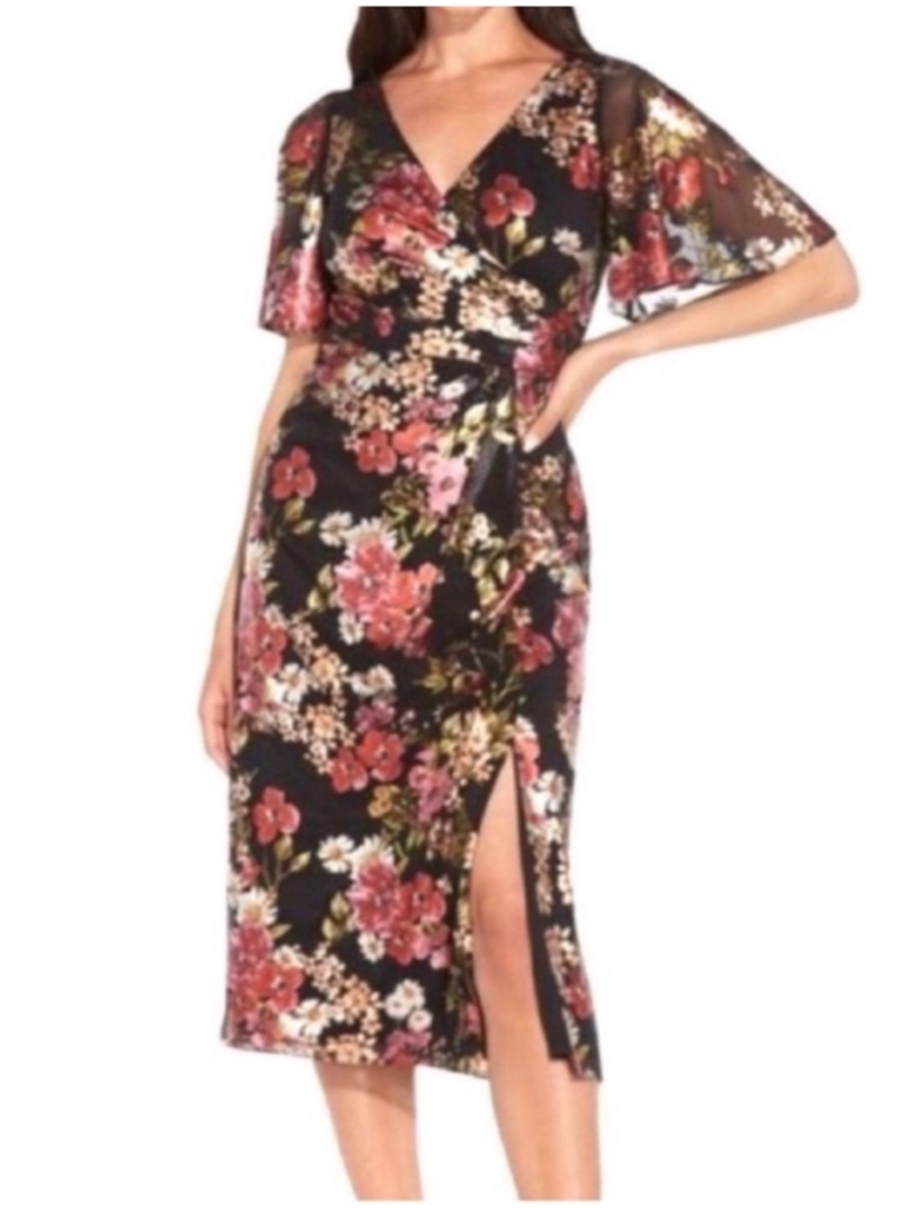 NEW Adrianna Papell Flutter Sleeve Cocktail Dress Foil Florals Black Size 14P - Picture 15 of 15